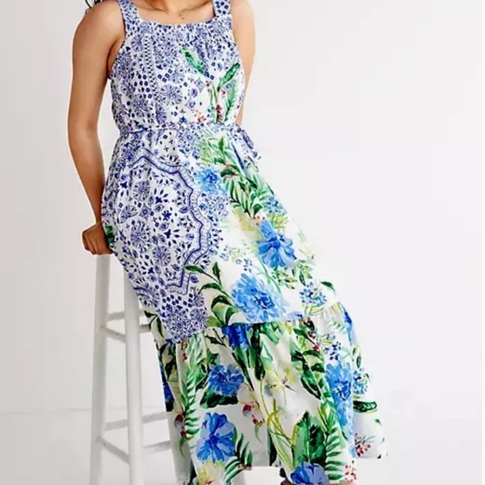 Anthropologie Maeve SP Bouquet Flounced Maxi Dress Floral Bohemian tie waist